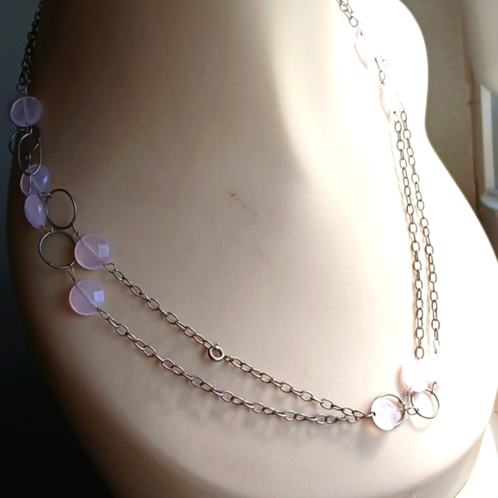 Very Long Sterling Silver Faceted Soft Pink Quartz Vintage Necklace